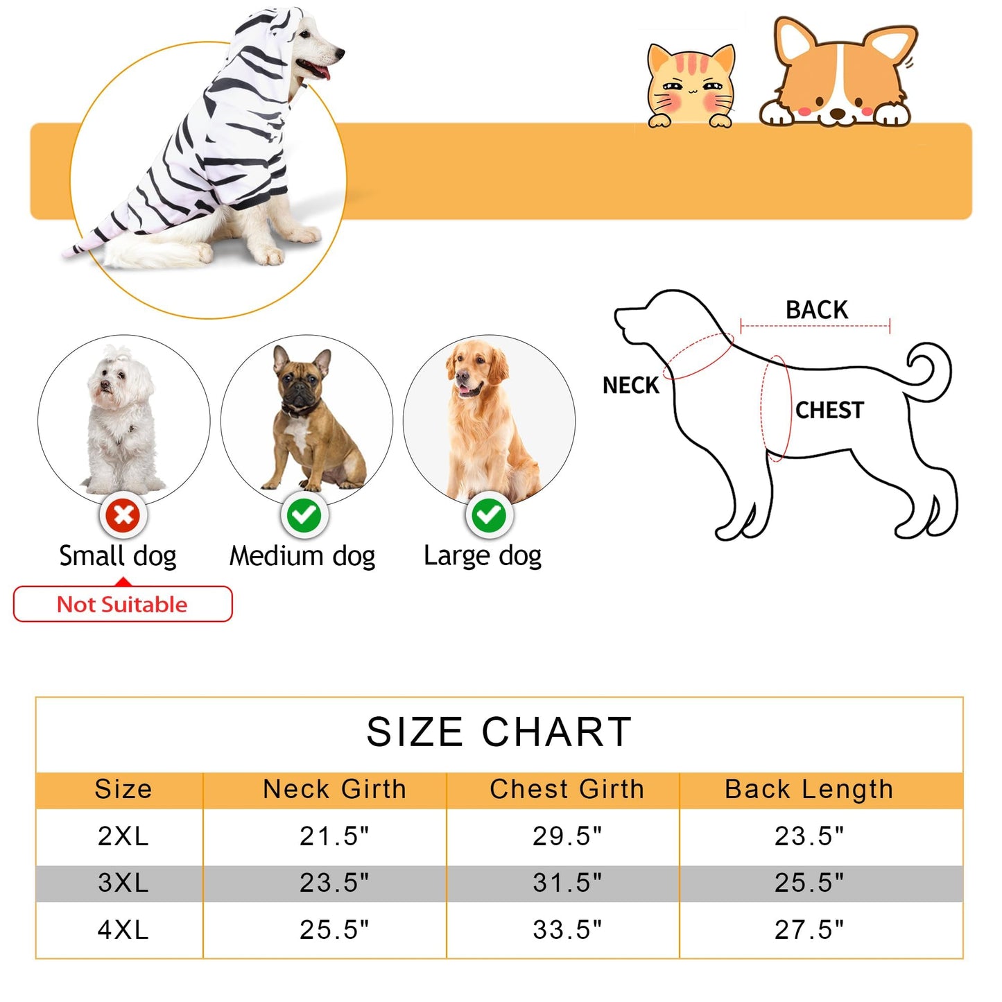 DELIFUR Large Dog Tiger Costume - White Tiger Halloween Costume for Medium Large Dogs Golden Retriever Labrador Rottweiler Cute Hoodie Outfit