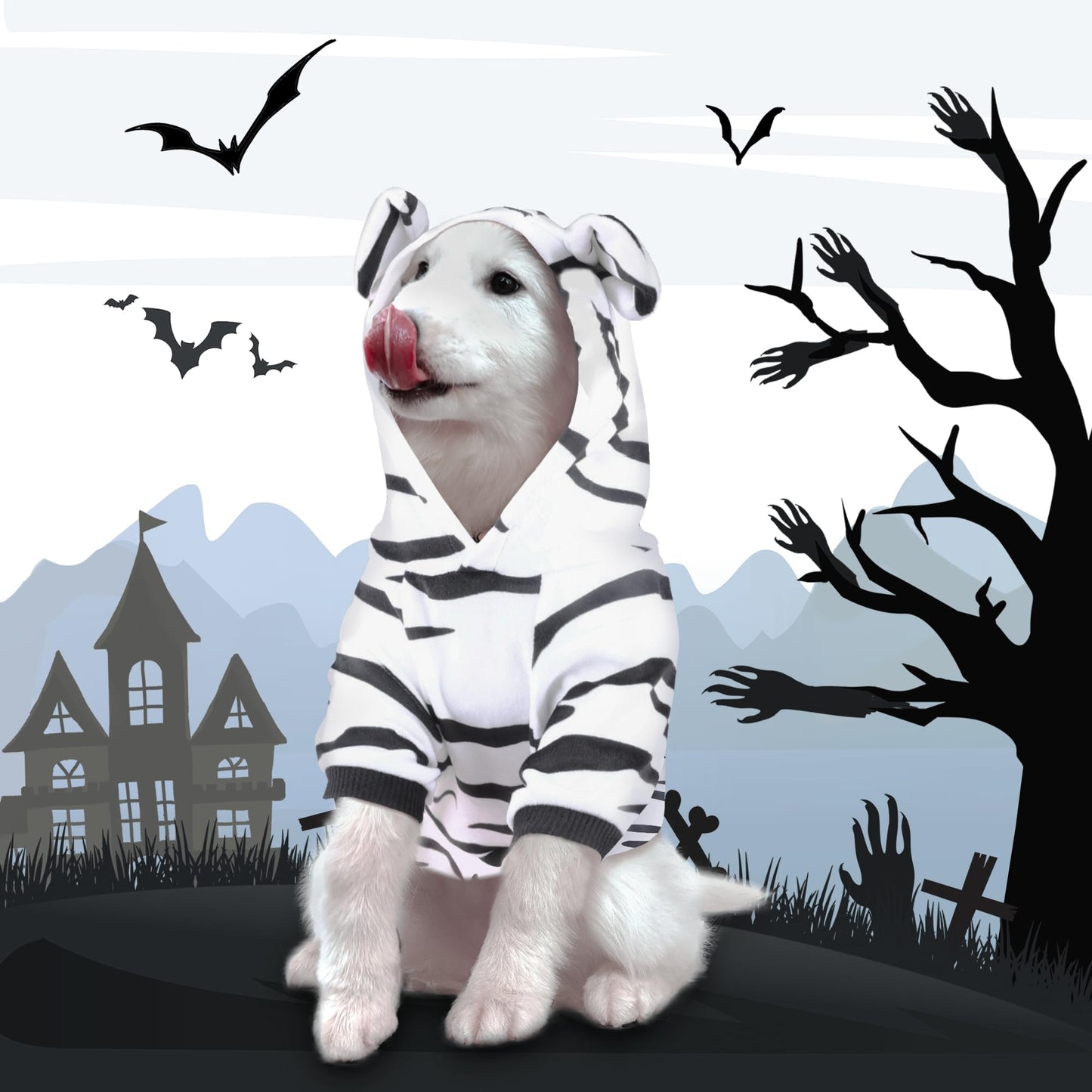 DELIFUR Large Dog Tiger Costume - White Tiger Halloween Costume for Medium Large Dogs Golden Retriever Labrador Rottweiler Cute Hoodie Outfit